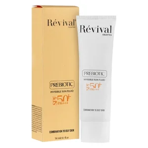 کرم ضد آفتاب بی‌رنگ کلکسیون رویوال، spf 50، مدل prebiotic، ‌مناسب پوست‌های چرب و مختلط با حجم 50 میلی‌لیتر، محافظت‌کننده در برابر اشعه‌های UVA و PA ،UVB+++، ضد جوش و آکنه، دارای فرمولاسیون آنتی اکسیدا