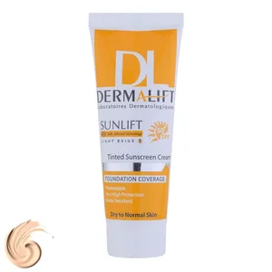 کرم ضد آفتاب رنگی درمالیفت، SPF50، مدل سانلیفت، مناسب پوست خشک و معمولی تنالیته رنگ روشن و حجم 40 میلی‌لیتر، محافظت کننده در برابر اشعه UVA، UVB و IR، مقاوم در برابر آب، دارای فرمولاسیون شیمیایی، با م