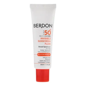 فلوئید ضد آفتاب بدون رنگ صورت بردون spf50 مدل Broad Spectrum محافظ UVA،UVB مناسب پوست‌های چرب و آکنه‌دار حجم 50 میلی لیتر