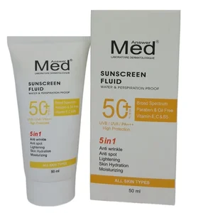 کرم ضد آفتاب و ضد چروک و لک بدون رنگ مدانسر SPF50 مدل 5 در1 محافظ UVA ،UVB و PA+++ مناسب برای انواع پوست حجم 50 میلی لیتر