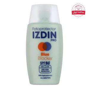 فلوئید ضد آفتاب بی‌رنگ صورت و گردن ایزدین پرو SPF 50 مدل Blue Blocker ‌محافظ در برابر اشعه UVA و UVB مناسب برای انواع پوست حجم 50 میلی‌لیتر