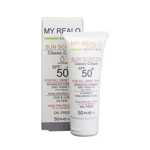 كرم ضدآفتاب بي رنگ دست،صورت،گردن،بدن مايرئالو SPF 50 مدل كلاسيك محافظ در برابر اشعه UVA و UVB مناسب براي انواع پوست حجم ٥٠ ميلي ليتر