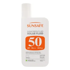فلوئید ضد آفتاب بی‌رنگ صورت و بدن سان سیف SPF 50 مدل Solar ‌محافظ در برابر اشعه UVA و UVB مناسب برای پوست حساس و چرب حجم 50 میلی‌لیتر