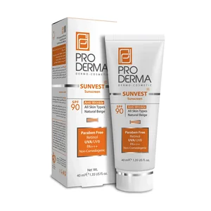 کرم ضد آفتاب رنگی پرودرما، SPF 90، مدل 90 Sunvest، مناسب انواع پوست  با تنالیته متوسط و حجم 40 میلی لیتر، ضدآب، فاقد پارابن، محافظت‌کننده در برابر  اشعه‌های UVA و UVB و غیر کومدون‌زا، PA+++، ضد چروک، 