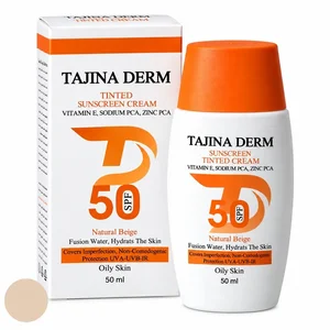 کرم ضد آفتاب رنگی صورت تاجینادرم SPF 50 مدل NATURAL BEIGE محافظ UVA/UVB مناسب برای پوست چرب حجم 50 میلی‌لیتر
