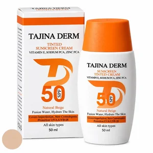 کرم ضد آفتاب رنگی صورت تاجینادرم SPF 50 مدل NATURAL BEIGE محافظ UVA/UVB مناسب برای انواع پوست حجم 50 میلی‌لیتر