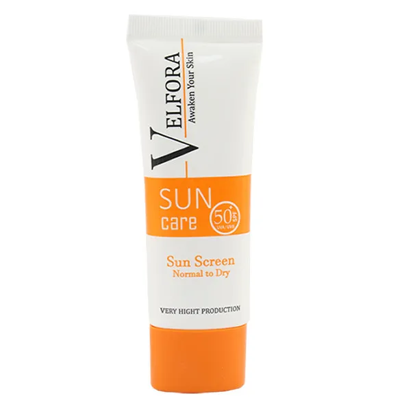 کرم ضد آفتاب بی رنگ ولفورا spf50 مدل 02 مناسب پوست های خشک و معمولی وزن 40 گرم