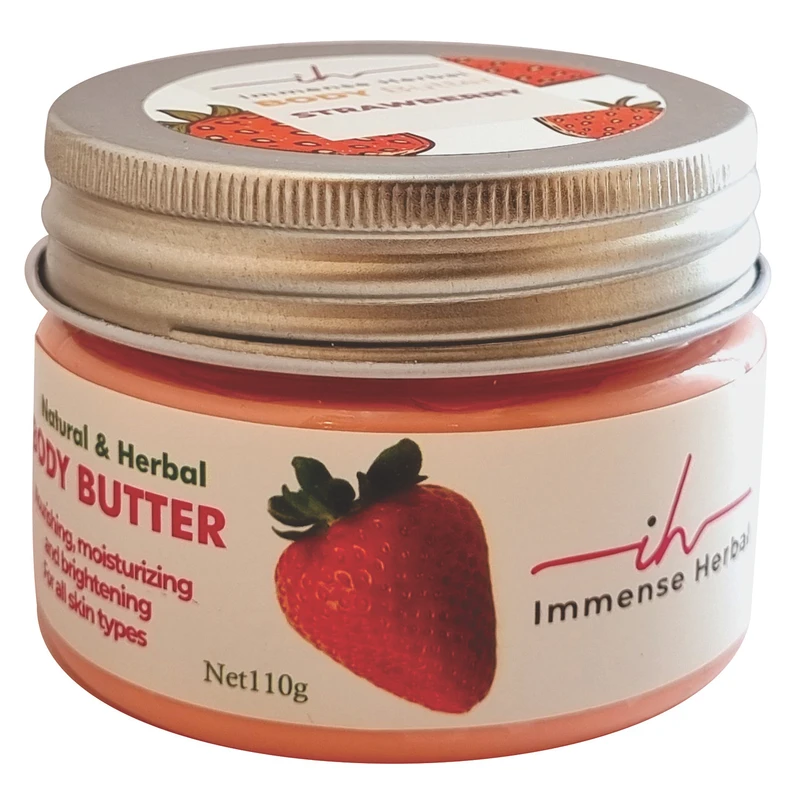 کره بدن ایمنس هربال مدل VIP_STRAWBERRY وزن 110 گرم با رایحه توت فرنگی، مرطوب‌کننده و روشن‌کننده پوست، حاوی کره کاکائو، شی باتر، روغن جوجوبا، روغن جوانه گندم، روغن نارگیل و موم زنبو - نمای 2