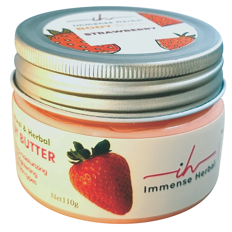 کره بدن ایمنس هربال مدل VIP_STRAWBERRY وزن 110 گرم با رایحه توت فرنگی، مرطوب‌کننده و روشن‌کننده پوست، حاوی کره کاکائو، شی باتر، روغن جوجوبا، روغن جوانه گندم، روغن نارگیل و موم زنبو - نمای 1