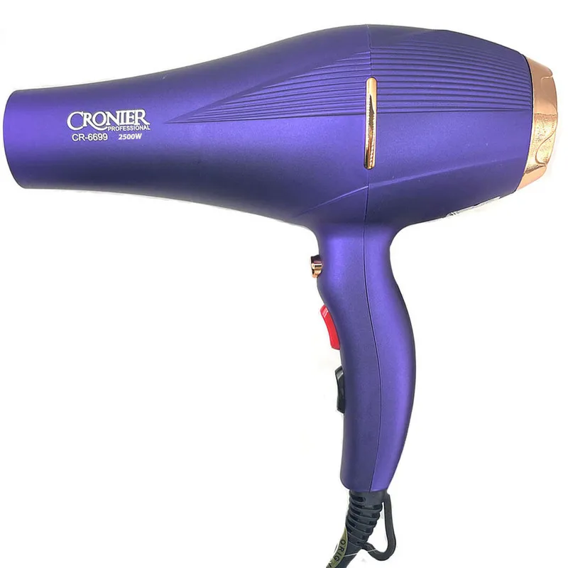 سشوار نیمه حرفهای کرونر مدل CR-6699 2500W، موتور AC با توان مصرفی 2500 وات، دارای فناوری تولید یون، دارای حلقه آویختن، وزن 540 گرم