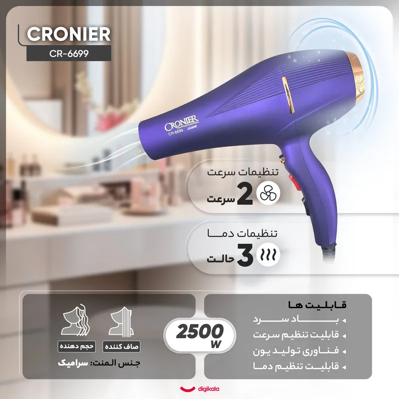 سشوار نیمه حرفهای کرونر مدل CR-6699 2500W، موتور AC با توان مصرفی 2500 وات، دارای فناوری تولید یون، دارای حلقه آویختن، وزن 540 گرم - تصویر 3