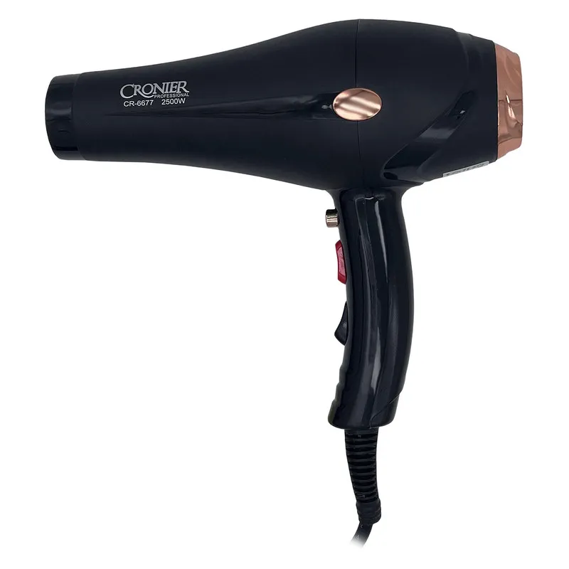 سشوار خانگی 2500 وات کرونر مدل CR-6677، موتور AC، وزن 540 گرم، دارای سری متمرکزکننده باریک، متمرکزکننده پهن با ویژگی صافکنندگی، حجمدهندگی، با قابلیت فناوری تولید یون
