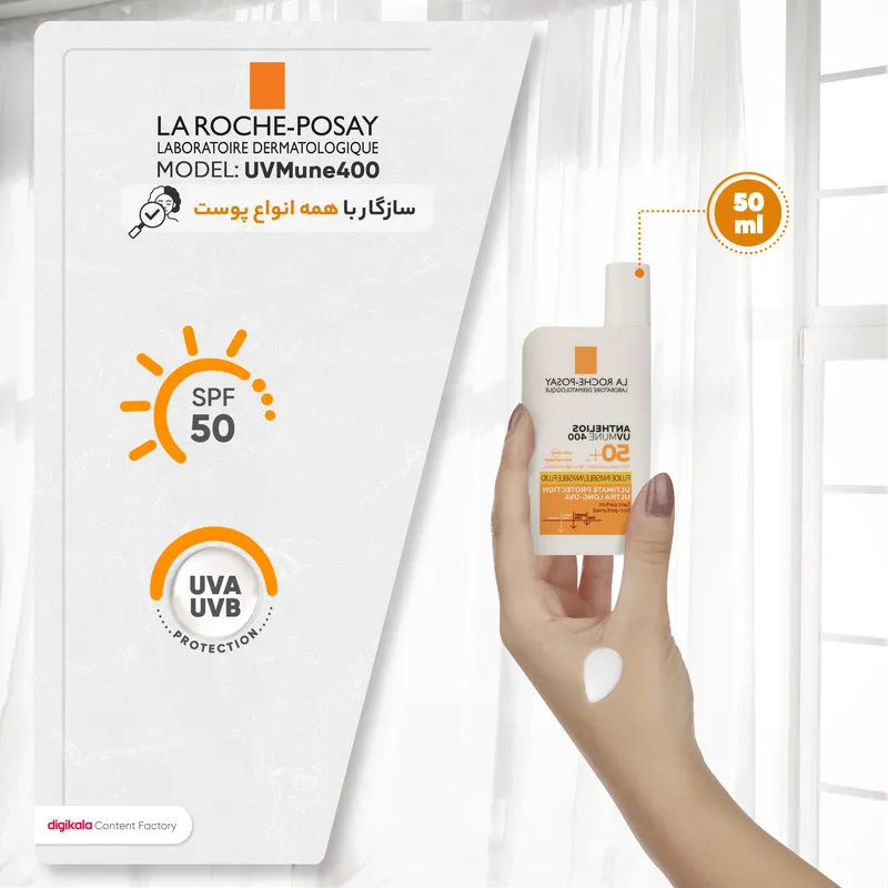 فلوئید ضدآفتاب بیرنگ لاروش پوزای +SPF50 مدل UVMune400 مناسب انواع پوست، حجم 50 میلیلیتر - تصویر 4