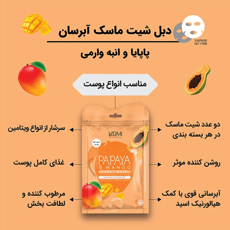 ماسک صورت آبرسان و روشنکننده وارمی مدل پاپایا و انبه حجم 25 میلیلیتر بسته 2 عددی با ویتامینهای C ،B12 و B1، مناسب انواع پوست و آنتیاکسیدان - تصویر 2