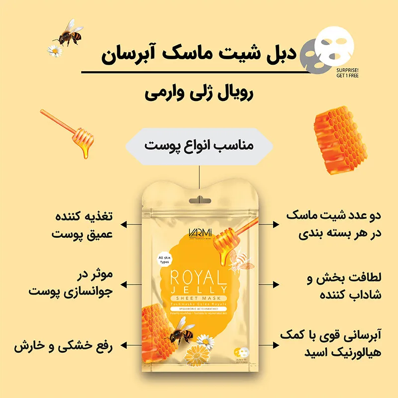 ماسک صورت آبرسان وارمی مدل رویال ژلی حجم 25 میلیلیتر بسته 2 عددی با عصاره رویال ژلی، ویتامین B1 و B12، مناسب انواع پوست، شادابکننده، جوانکننده و از بین برنده تیرگی و لکه - تصویر 2