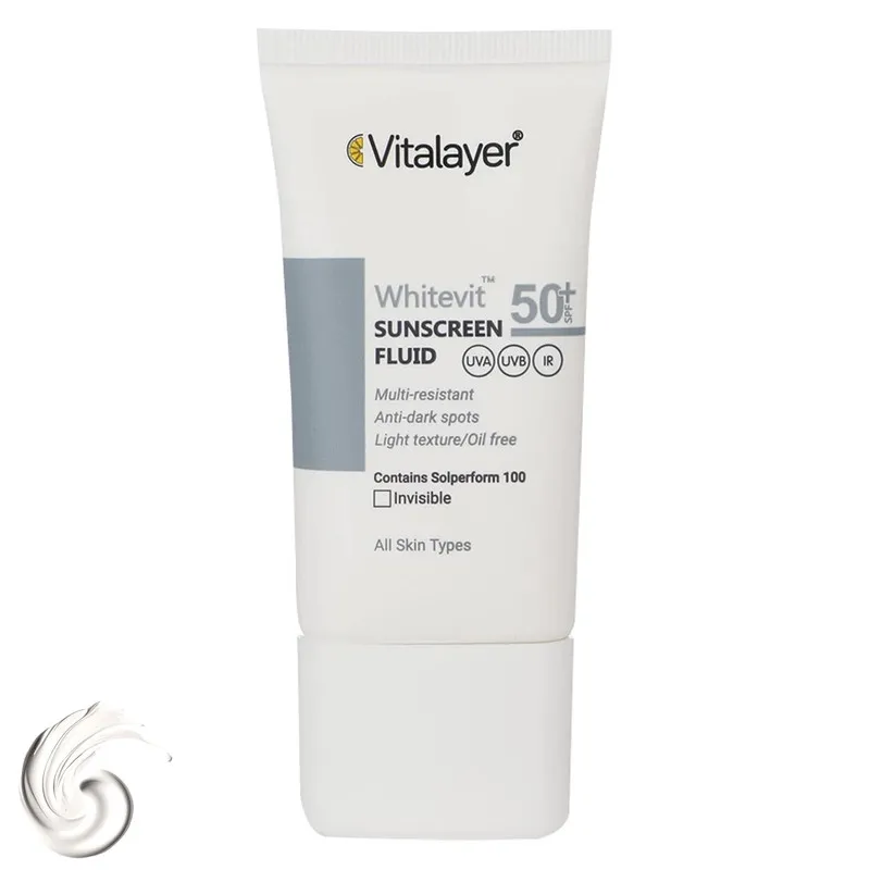 فلوئید ضدآفتاب بیرنگ ویتالیر SPF50 مدل Whitevit مناسب انواع پوست، حجم 50 میلیلیتر
