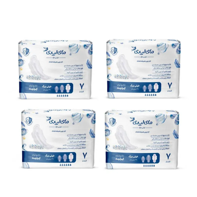 مجموعه 4 عددی نوار بهداشتی مای لیدی مدل instant dry، سایز XL با ضخامت خیلی نازک، لایه رویی مشبک نرم با جذب خیلی زیاد، بسته 7 عددی، دارای لایه رویی ثانویه و سیستم چسب بارکدی