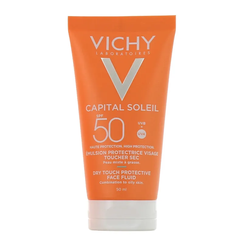 کرم ضد آفتاب بدون رنگ ویشی SPF 50 مدل Dry Touch مناسب پوستهای چرب و مختلط حجم 50 میلیلیتر