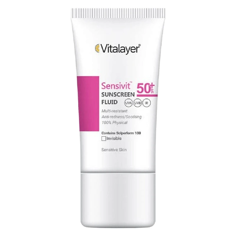 فلوئید ضد آفتاب بیرنگ ویتالیر، spf 50، مدل 0128، مناسب پوست های حساس با حجم 50 میلیلیتر، ضد حساسیت، محافظتکننده در برابر اشعههای UVA و UVB، دارای فرمولاسیون دی اکسید تیتانیوم و اکسید روی، با ماندگ
