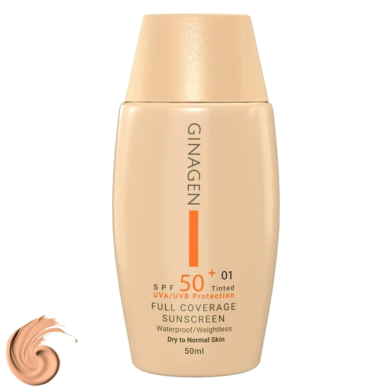 کرم ضد آفتاب رنگی ژیناژن، SPF 50، مدل 01، ‌مناسب پوست‌های خشک و نرمال با تنالیته متوسط و حجم 50 میلی‌لیتر، ضد آب، فاقد پارابن، محافظت‌کننده در برابر اشعه‌های UVA و UVB، ارای فرمولاسیون بدون الکل و گلی