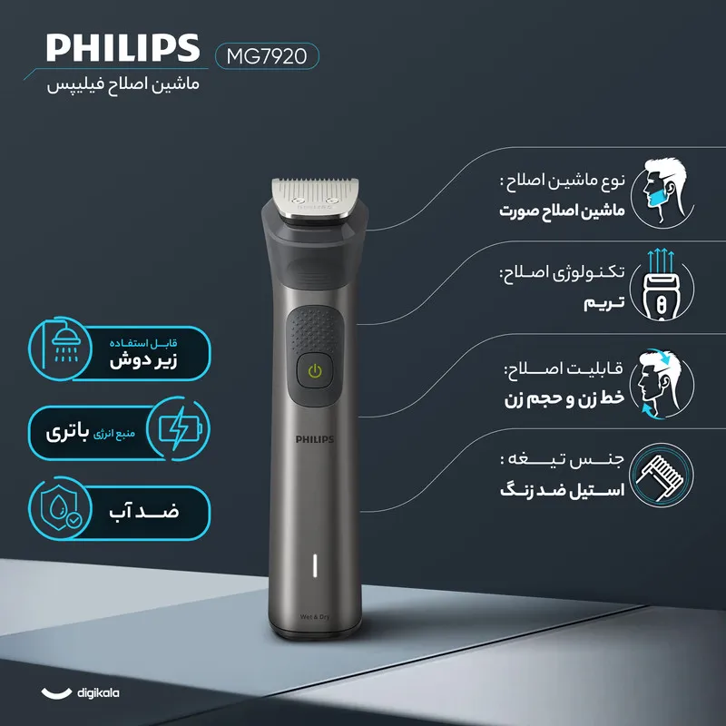 ماشین اصلاح موی صورت فیلیپس مدل MG7920 با باتری 1200 میلیآمپر، تیغه تریم، ضد آب و قابل استفاده زیر دوش، شارژ سریع USB و طراحی ارگونومیک با شانه قابل تنظیم دستی - تصویر 3