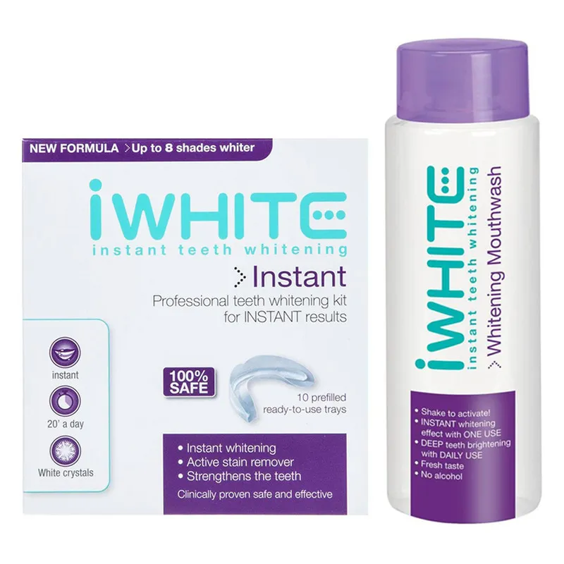 سفید کننده دندان آی وایت مدل Instant بسته 10 عددی به همراه دهانشویه آی وایت مدل Instant حجم 120 میلی لیتر