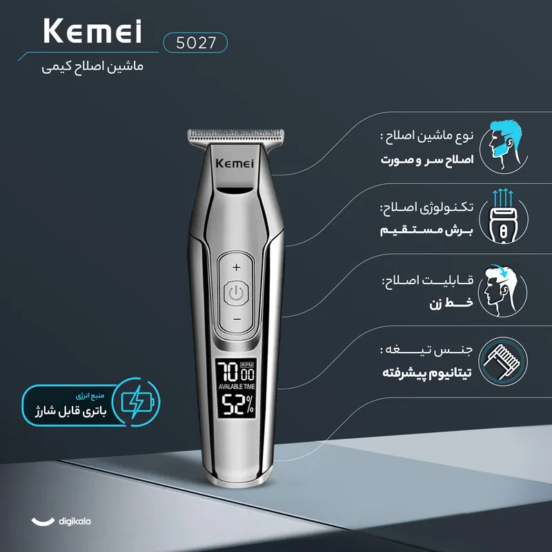 ماشین اصلاح موی سر و صورت کیمی مدل 5027 با باتری قابل شارژ 270 دقیقهای، سرعت موتور 7000 RPM، 4 حالت تنظیم سرعت، 3 عدد شانه قابل تنظیم و نمایشگر وضعیت باتری - تصویر 3
