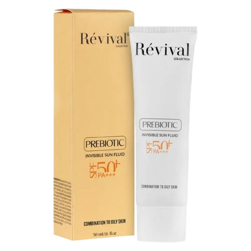 کرم ضد آفتاب بی‌رنگ کلکسیون رویوال، spf 50، مدل prebiotic، ‌مناسب پوست‌های چرب و مختلط با حجم 50 میلی‌لیتر، محافظت‌کننده در برابر اشعه‌های UVA و PA ،UVB+++، ضد جوش و آکنه، دارای فرمولاسیون آنتی اکسیدا