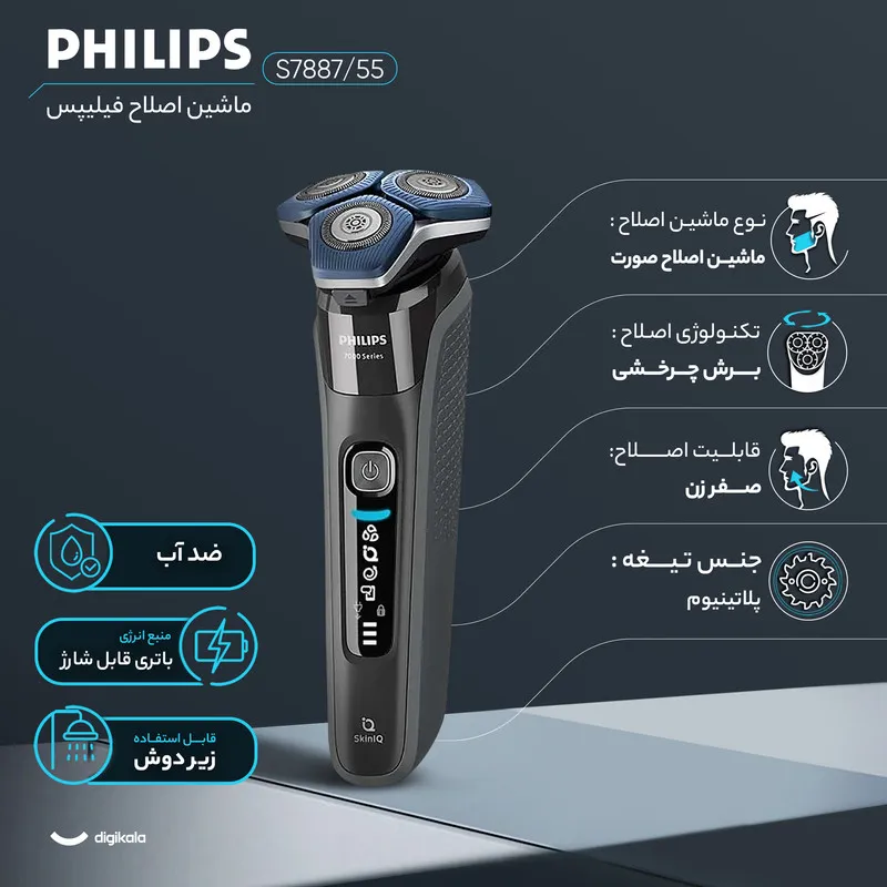 ماشین اصلاح موی صورت فیلیپس مدل S7887/55 با سه تیغه پلاتینیوم، اصلاح چرخشی با شماره صفر، باتری 1500mAh، شارژ سریع 5 دقیقهای، نمایشگر دیجیتال و ضدآب مناسب استفاده زیر دوش - تصویر 3