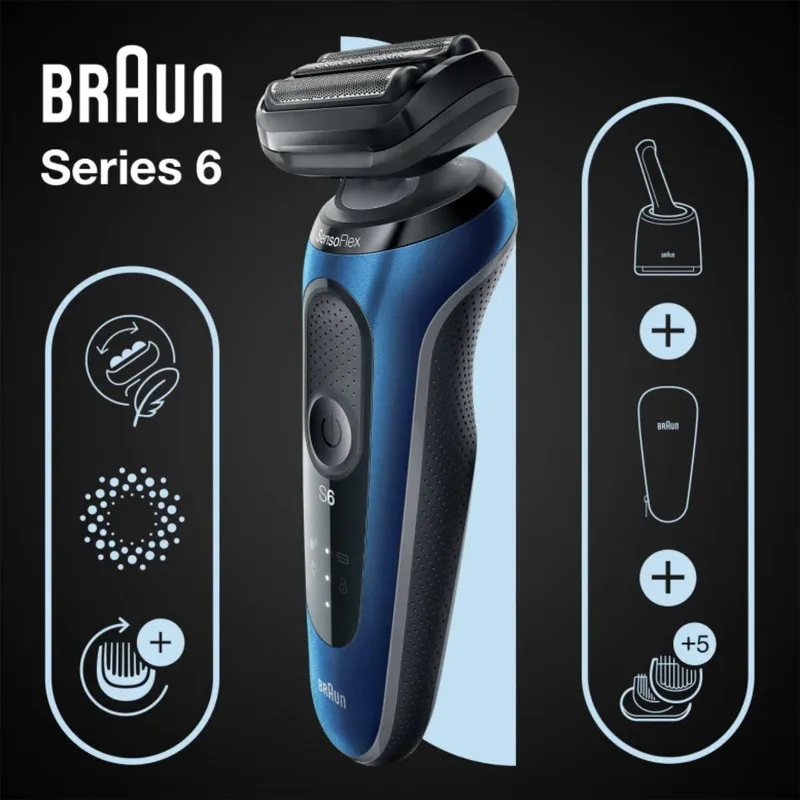 ماشین اصلاح موی صورت براون مدل 61B7500cc سری 6 فویلی، باتری قابل شارژ، استفاده مرطوب و خشک، فناوری AutoSense، ضد آب، شارژ سریع، نمایش وضعیت باتری، طراحی ارگونومیک و تیغه استیل پیشرفته - تصویر 2