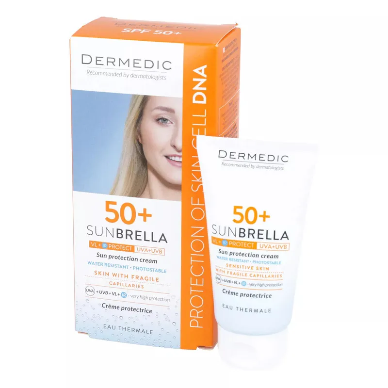 کرم ضد آفتاب بدون رنگ درمدیک SPF 50 مدل fragile مناسب پوستهای حساس حجم 50 میلیلیتر
