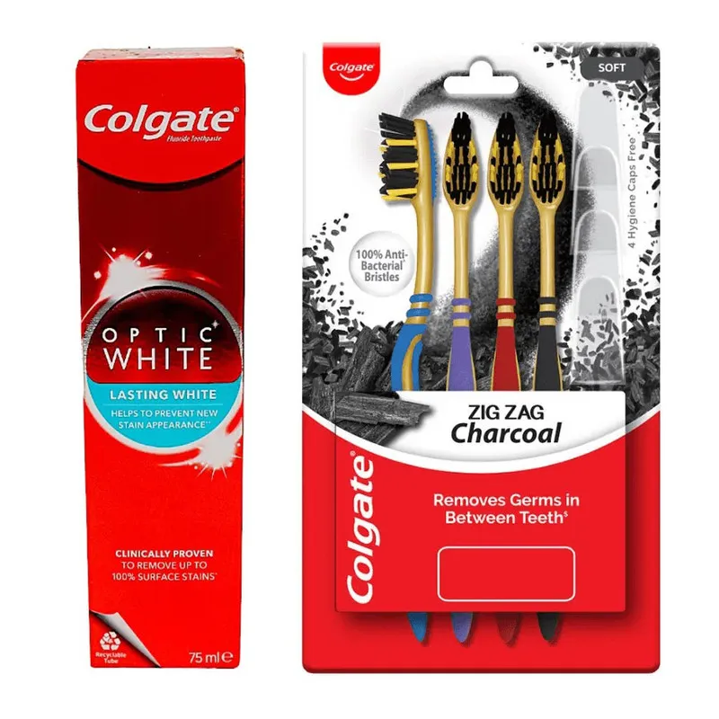 خمیر دندان کلگیت مدل Optic White حجم 75 میلی لیتر به همراه مسواک کلگیت مدل Charcoal با برس نرم مجموعه 4 عددی - تصویر 2