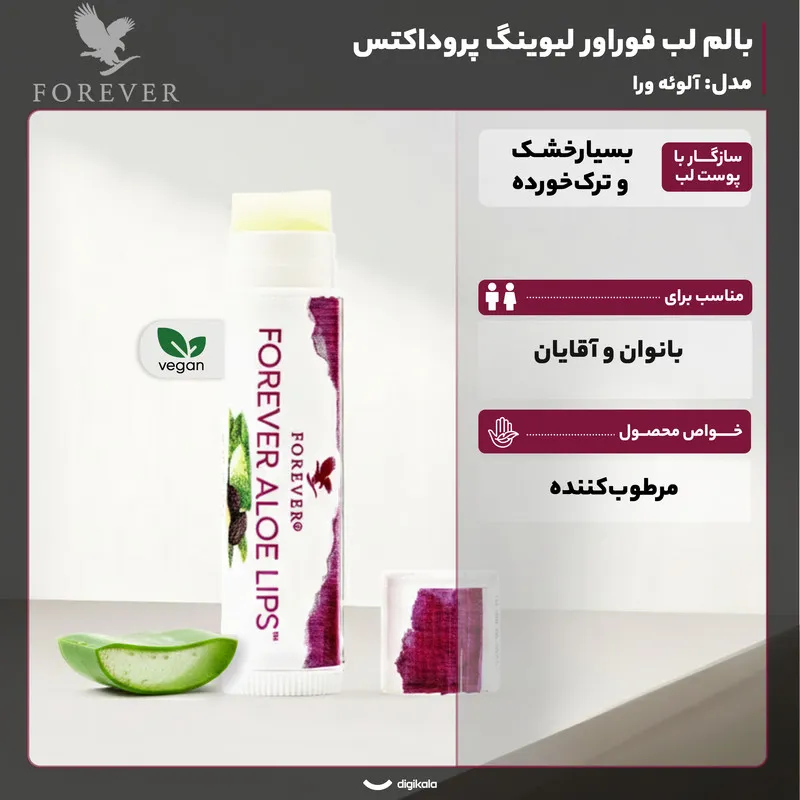 بالم لب فوراور مدل Aloe Lips مرطوبکننده و نرمکننده قوی با عصاره آلوئهورا و روغن جوجوبا، مناسب پوست لبهای خشک و ترکخورده، فاقد چسبندگی و سازگار با پوست، طراحی ماتیکی وگان از آمریکا - تصویر 3