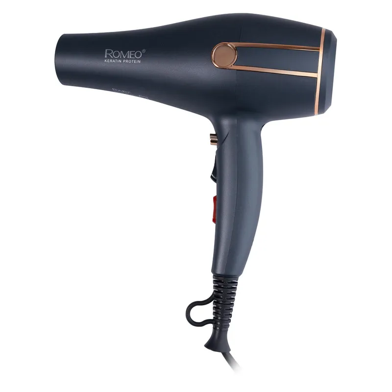 سشوار حرفه‌ای 2400 وات رومئو مدل RM-5050، موتور AC، وزن 450 گرم، المنت فلز، دارای سری متمرکز‌کننده باریک، متمرکز‌کننده پهن با ویژگی صاف‌کنندگی، حجم‌دهندگی، با قابلیت تنظیم دما، باد سرد - تصویر 3