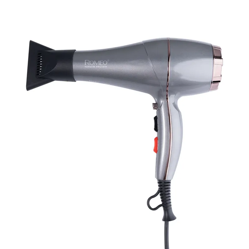 سشوار حرفهای 2200 وات رومئو مدل RM-5858، موتور AC، وزن 450 گرم، المنت فلز، دارای سری متمرکزکننده باریک با ویژگی صافکنندگی، حجمدهندگی، با قابلیت تنظیم دما، باد سرد - تصویر 2