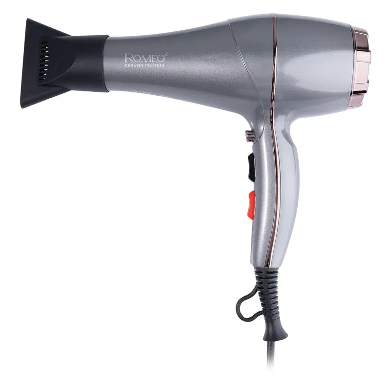 سشوار حرفهای 2200 وات رومئو مدل RM-5858، موتور AC، وزن 450 گرم، المنت فلز، دارای سری متمرکزکننده باریک با ویژگی صافکنندگی، حجمدهندگی، با قابلیت تنظیم دما، باد سرد - تصویر 3