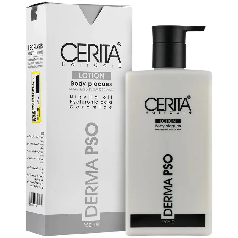 لوسیون بدن سریتا مدل Derma Pso حجم 250 میلیلیتر مناسب پوست خشک و حساس، جذب سریع، آبرسان 24 ساعته، ضد التهاب، ضد اگزما و ضد خشکی، رفع پوستههای مرده و تقویت سد طبیعی پوست