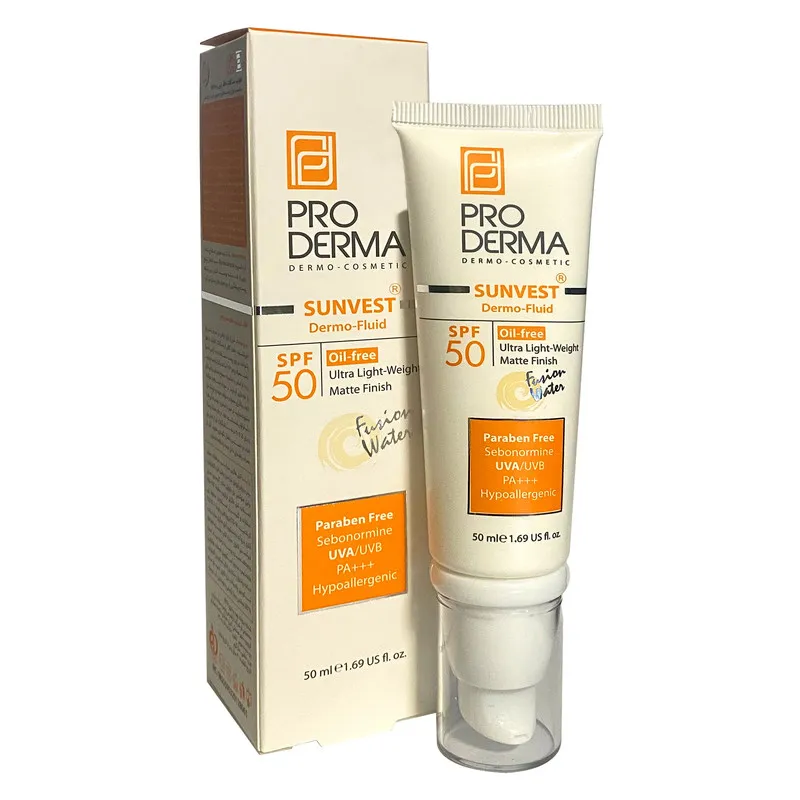 کرم ضد آفتاب بدون رنگ پرودرما SPF50 مدل فلوئید محافظ PA+++ ،UVA ،UVB، تنظیم ترشح چربی پوست، ضد جوش و آکنه، مناسب پوست های معمولی حجم 50 میلیلیتر - تصویر 2