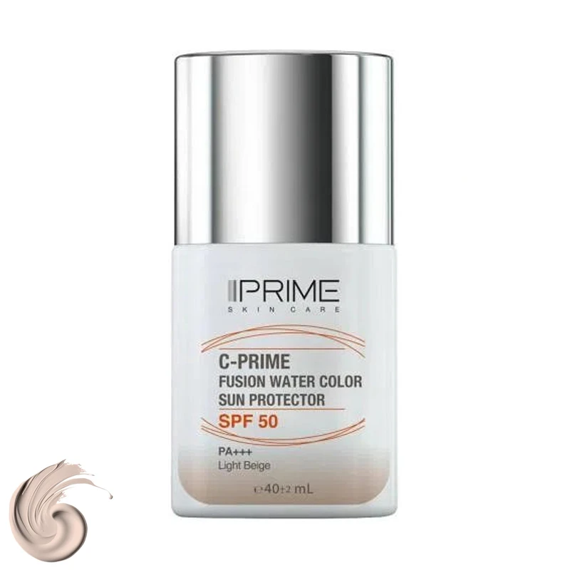 فلوئید ضد آفتاب رنگی پرایم، SPF 50، مدل فیوژن واتر، مناسب انواع پوست با تنالیته روشن و حجم 40 میلی لیتر، محافظتکننده در برابر اشعههای PA++++ ،UVA ،UVB، دارای فرمولاسیون فاقد چربی، ویتامین سی و آنت