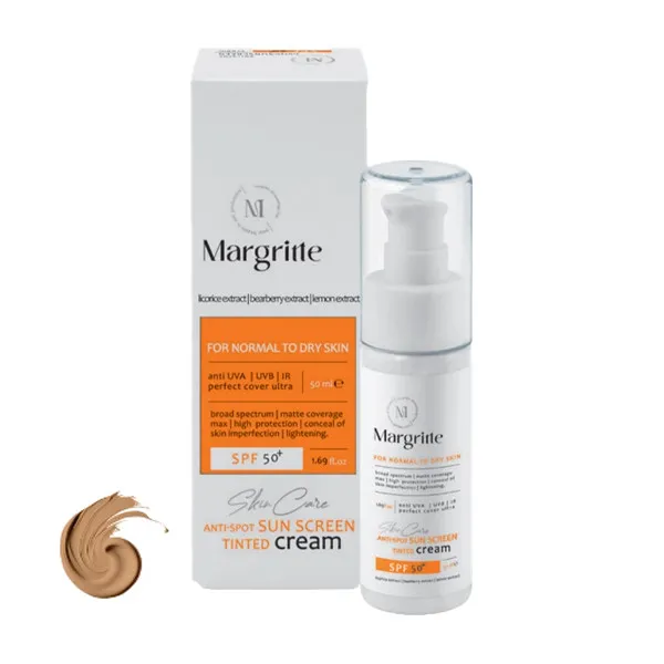 کرم ضد آفتاب رنگی مارگریت SPF 50 مدل01 محافظ UVA ،UVB، روشن کننده مناسب پوست های نرمال تا خشک حجم 50میلی لیتر