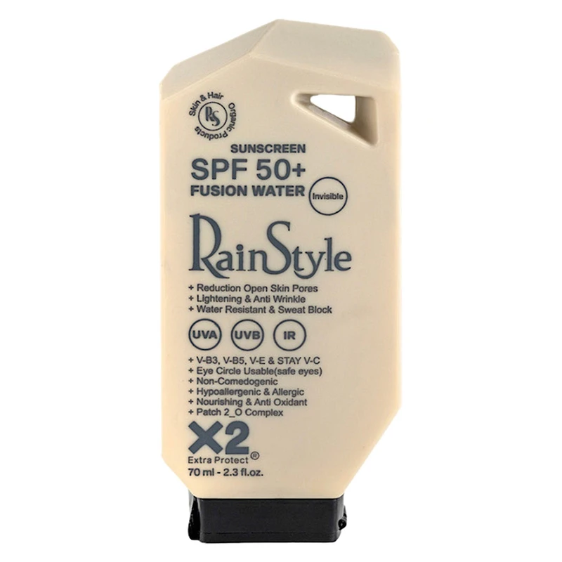 کرم ضدآفتاب بی‌رنگ رین استایل، SPF50، مدل فیوژن واتر، مناسب انواع پوست با حجم 70 میلی‌لیتر، ضد آب، محافظت‌کننده در برابر اشعه‌های UVA و UVB، ضد حساسیت، غیر کومدون‌زا و فاقد پارابن، روشن‌کننده، ضد چروک