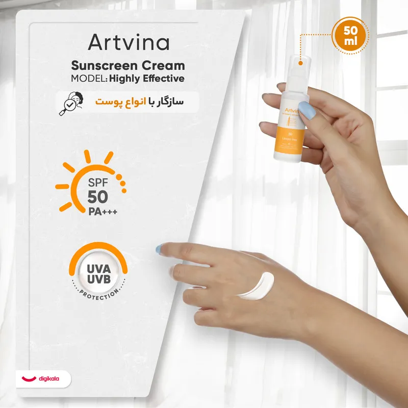 کرم ضد آفتاب بدون رنگ آرت وینا SPF 50 مدل Highly Effective ‌محافظ UVA ،UVB و PA+++، ضد حساسیت، ضد چروک و ضد پیری مناسب انواع پوست‌ حجم 50 میلی‌لیتر - تصویر 5