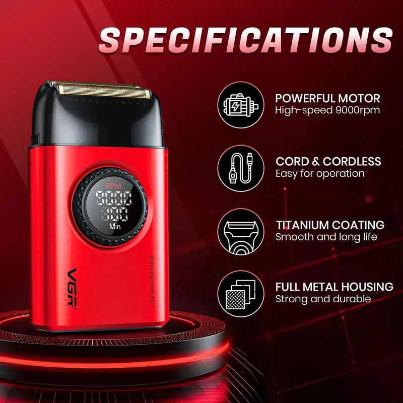 ماشین اصلاح موی صورت شارژی VGR مدل V-377 با تیغه استیل ضدزنگ و پوشش تیتانیوم، باتری 1400mAh با 100 دقیقه استفاده، 21 سطح تنظیم سرعت و نمایشگر هوشمند باتری و سرعت - تصویر 3