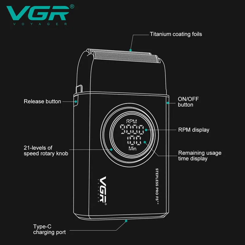 ماشین اصلاح موی صورت شارژی VGR مدل V-377 با تیغه استیل ضدزنگ و پوشش تیتانیوم، باتری 1400mAh با 100 دقیقه استفاده، 21 سطح تنظیم سرعت و نمایشگر هوشمند باتری و سرعت - تصویر 4