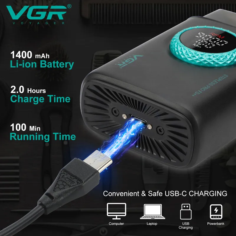 ماشین اصلاح موی صورت شارژی VGR مدل V-377 با تیغه استیل ضدزنگ و پوشش تیتانیوم، باتری 1400mAh با 100 دقیقه استفاده، 21 سطح تنظیم سرعت و نمایشگر هوشمند باتری و سرعت - تصویر 6