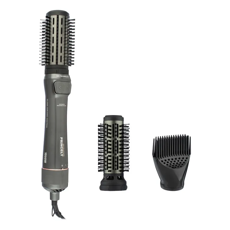 سشوار برسدار چرخشی 240 وات پرنسلی مدل PR312AT، موتور DC، وزن 1430 گرم، دارای سری شانهدار، سری برسدار گرد پهن، سری چرخشی، کیف نگهدارنده، سری دندانهدار با ویژگی فرکنندگی، صافکنندگی، حجمدهندگی