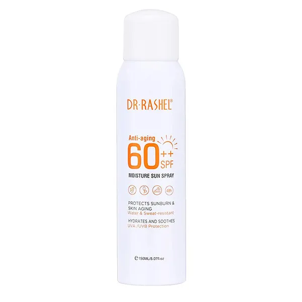 اسپری ضد آفتاب بدون رنگ دکتر راشل SPF 60 مدل anti aging ‌مناسب برای انواع پوست حجم 150 میلی‌لیتر