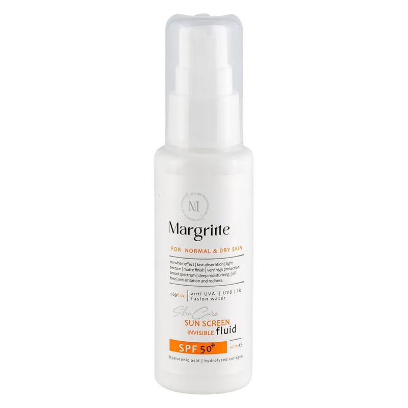 فلوئید ضد آفتاب بدون رنگ مارگریت SPF 50 مدل fusion Water محافظ UVA و UVB، ضد لک و روشن کننده، مناسب برای پوست های خشک و نرمال حجم 50 میلی لیتر