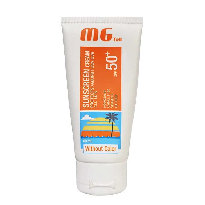 کرم ضد آفتاب بدون رنگ ام جی تک SPF 50 مدل آلوئه ورا و ویتامین E محافظ UVA و UVB ، آبرسان ، نرم کننده و ضد آب ، مناسب انواع پوست حجم 60 میلی لیتر