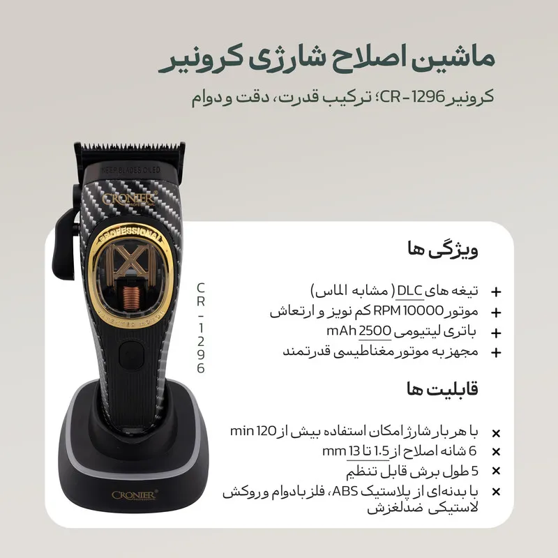 ماشین اصلاح موی سر و صورت شارژی کرونیر مدل CR-1296 - تصویر 2